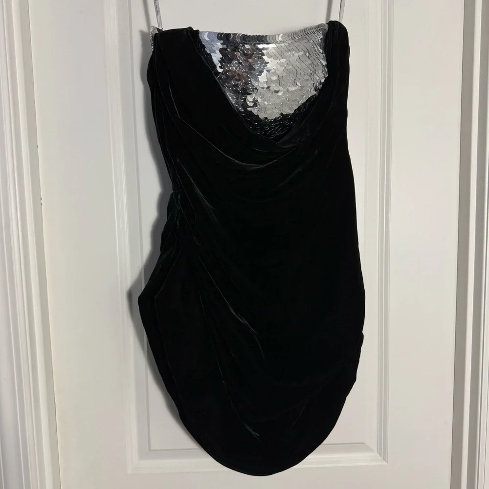 Oscar de la Renta black strapless draped velvet and sequin top / minidress - Picture 4 of 14